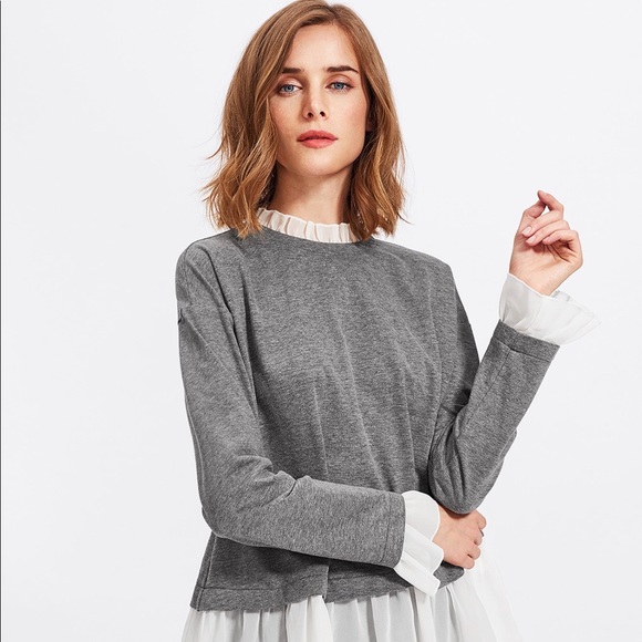 Ruffle Trim Heather Gray Knit Sweater - Picture 2 of 3